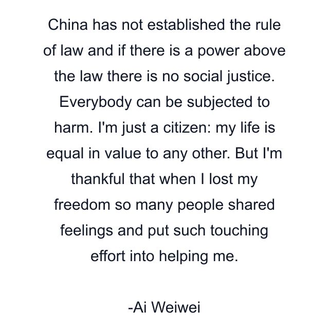 China has not established the rule of law and if there is a power above the law there is no social justice. Everybody can be subjected to harm. I'm just a citizen: my life is equal in value to any other. But I'm thankful that when I lost my freedom so many people shared feelings and put such touching effort into helping me.