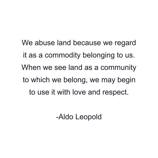 We abuse land because we regard it as a commodity belonging to us. When we see land as a community to which we belong, we may begin to use it with love and respect.