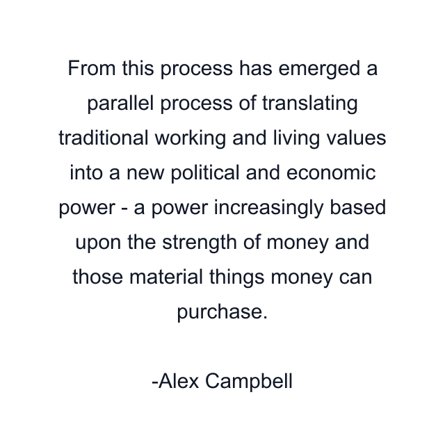 From this process has emerged a parallel process of translating traditional working and living values into a new political and economic power - a power increasingly based upon the strength of money and those material things money can purchase.