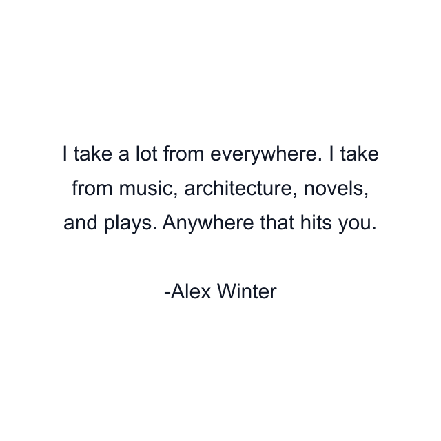 I take a lot from everywhere. I take from music, architecture, novels, and plays. Anywhere that hits you.