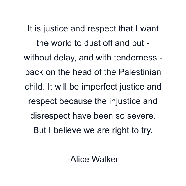 It is justice and respect that I want the world to dust off and put - without delay, and with tenderness - back on the head of the Palestinian child. It will be imperfect justice and respect because the injustice and disrespect have been so severe. But I believe we are right to try.