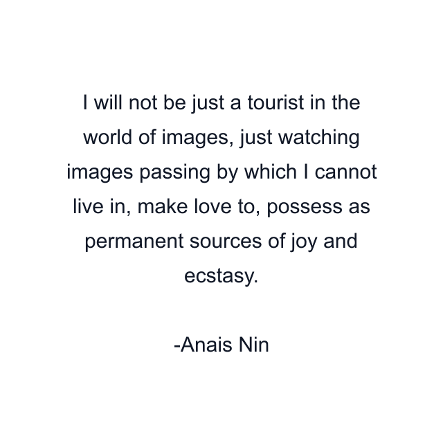 I will not be just a tourist in the world of images, just watching images passing by which I cannot live in, make love to, possess as permanent sources of joy and ecstasy.