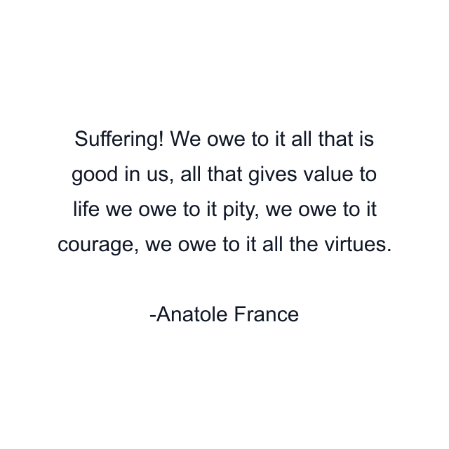 Suffering! We owe to it all that is good in us, all that gives value to life we owe to it pity, we owe to it courage, we owe to it all the virtues.