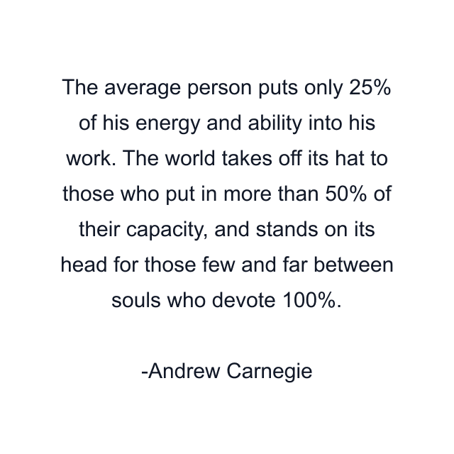 The average person puts only 25% of his energy and ability into his work. The world takes off its hat to those who put in more than 50% of their capacity, and stands on its head for those few and far between souls who devote 100%.