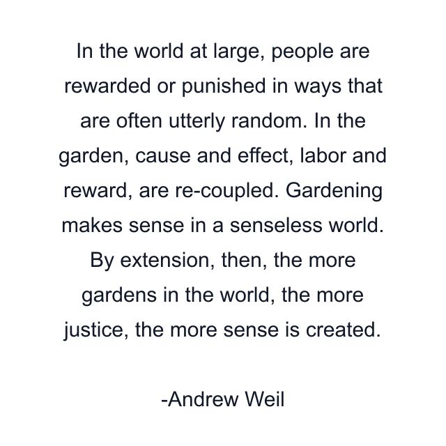 In the world at large, people are rewarded or punished in ways that are often utterly random. In the garden, cause and effect, labor and reward, are re-coupled. Gardening makes sense in a senseless world. By extension, then, the more gardens in the world, the more justice, the more sense is created.