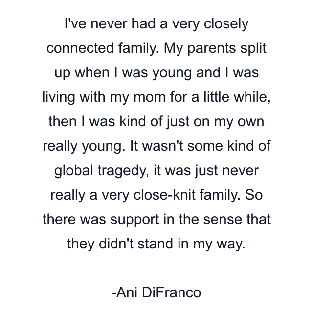 I've never had a very closely connected family. My parents split up when I was young and I was living with my mom for a little while, then I was kind of just on my own really young. It wasn't some kind of global tragedy, it was just never really a very close-knit family. So there was support in the sense that they didn't stand in my way.