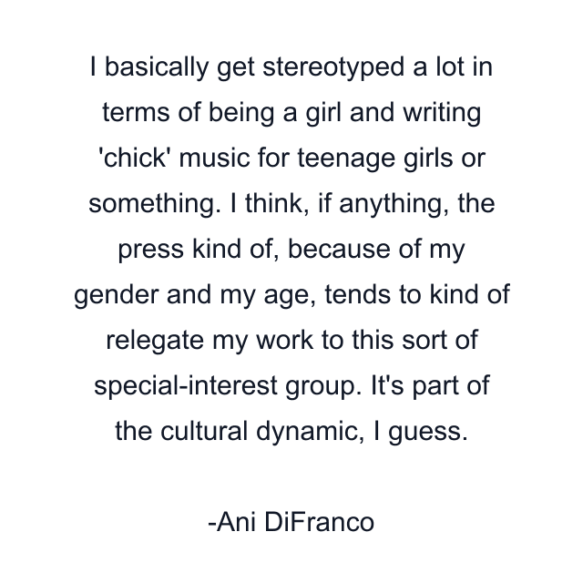 I basically get stereotyped a lot in terms of being a girl and writing 'chick' music for teenage girls or something. I think, if anything, the press kind of, because of my gender and my age, tends to kind of relegate my work to this sort of special-interest group. It's part of the cultural dynamic, I guess.