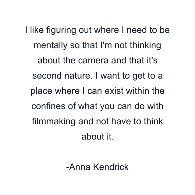 I like figuring out where I need to be mentally so that I'm not thinking about the camera and that it's second nature. I want to get to a place where I can exist within the confines of what you can do with filmmaking and not have to think about it.