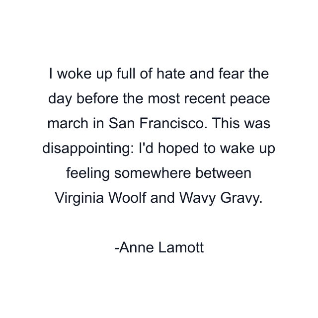 I woke up full of hate and fear the day before the most recent peace march in San Francisco. This was disappointing: I'd hoped to wake up feeling somewhere between Virginia Woolf and Wavy Gravy.