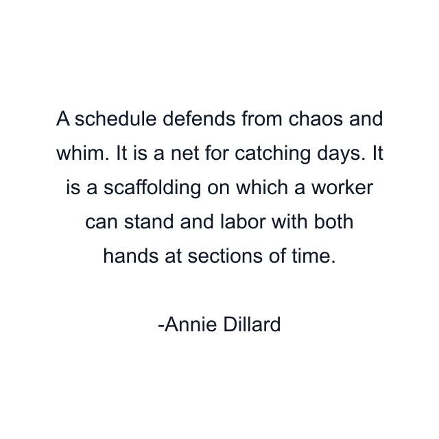 A schedule defends from chaos and whim. It is a net for catching days. It is a scaffolding on which a worker can stand and labor with both hands at sections of time.