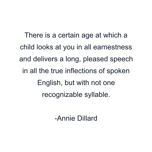 There is a certain age at which a child looks at you in all earnestness and delivers a long, pleased speech in all the true inflections of spoken English, but with not one recognizable syllable.