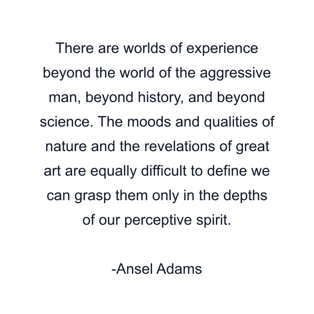 There are worlds of experience beyond the world of the aggressive man, beyond history, and beyond science. The moods and qualities of nature and the revelations of great art are equally difficult to define we can grasp them only in the depths of our perceptive spirit.