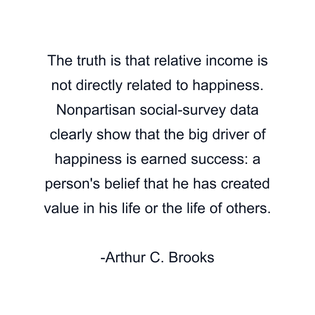 The truth is that relative income is not directly related to happiness. Nonpartisan social-survey data clearly show that the big driver of happiness is earned success: a person's belief that he has created value in his life or the life of others.