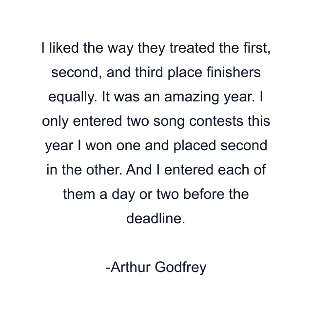 I liked the way they treated the first, second, and third place finishers equally. It was an amazing year. I only entered two song contests this year I won one and placed second in the other. And I entered each of them a day or two before the deadline.