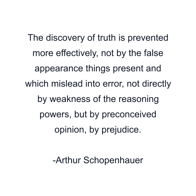 The discovery of truth is prevented more effectively, not by the false appearance things present and which mislead into error, not directly by weakness of the reasoning powers, but by preconceived opinion, by prejudice.