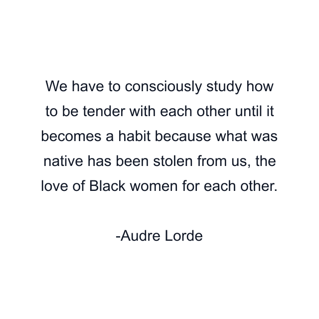 We have to consciously study how to be tender with each other until it becomes a habit because what was native has been stolen from us, the love of Black women for each other.