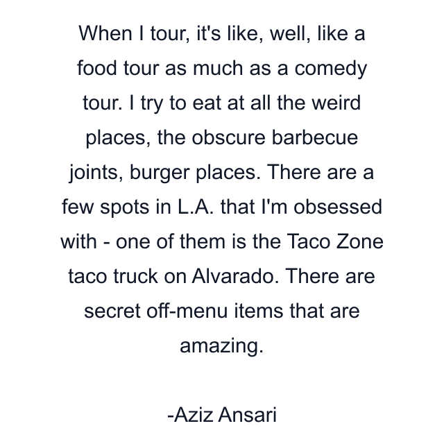 When I tour, it's like, well, like a food tour as much as a comedy tour. I try to eat at all the weird places, the obscure barbecue joints, burger places. There are a few spots in L.A. that I'm obsessed with - one of them is the Taco Zone taco truck on Alvarado. There are secret off-menu items that are amazing.