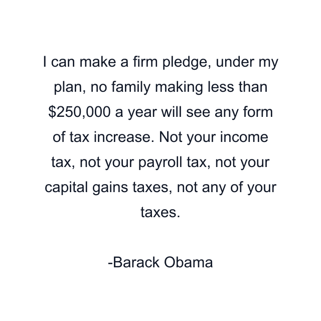 I can make a firm pledge, under my plan, no family making less than $250,000 a year will see any form of tax increase. Not your income tax, not your payroll tax, not your capital gains taxes, not any of your taxes.