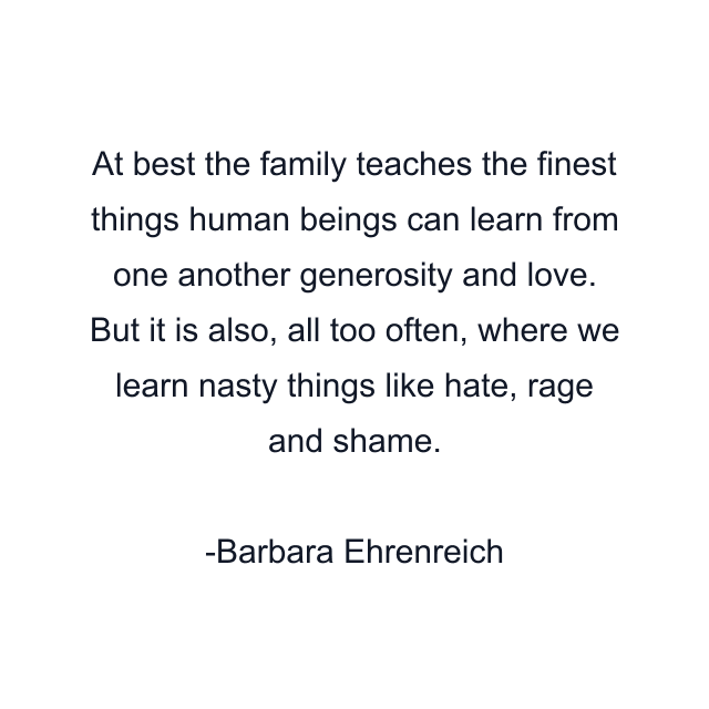 At best the family teaches the finest things human beings can learn from one another generosity and love. But it is also, all too often, where we learn nasty things like hate, rage and shame.