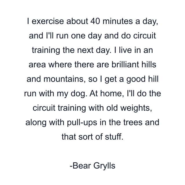 I exercise about 40 minutes a day, and I'll run one day and do circuit training the next day. I live in an area where there are brilliant hills and mountains, so I get a good hill run with my dog. At home, I'll do the circuit training with old weights, along with pull-ups in the trees and that sort of stuff.