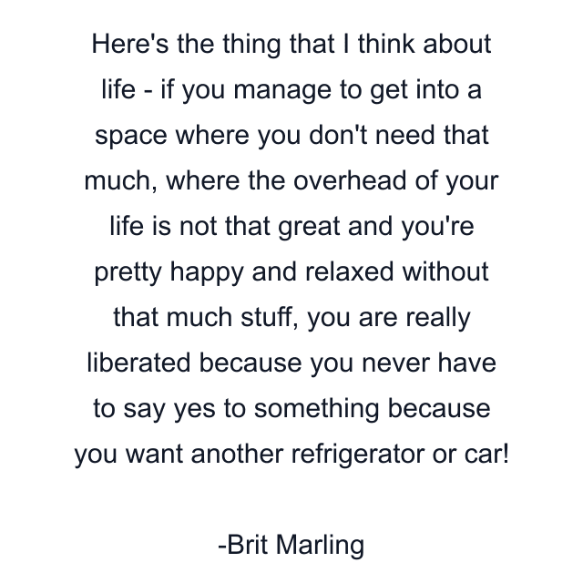 Here's the thing that I think about life - if you manage to get into a space where you don't need that much, where the overhead of your life is not that great and you're pretty happy and relaxed without that much stuff, you are really liberated because you never have to say yes to something because you want another refrigerator or car!