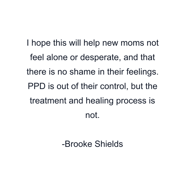 I hope this will help new moms not feel alone or desperate, and that there is no shame in their feelings. PPD is out of their control, but the treatment and healing process is not.