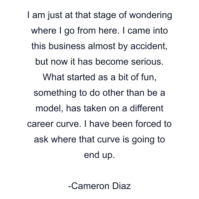 I am just at that stage of wondering where I go from here. I came into this business almost by accident, but now it has become serious. What started as a bit of fun, something to do other than be a model, has taken on a different career curve. I have been forced to ask where that curve is going to end up.