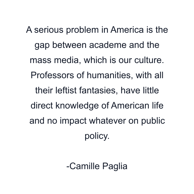 A serious problem in America is the gap between academe and the mass media, which is our culture. Professors of humanities, with all their leftist fantasies, have little direct knowledge of American life and no impact whatever on public policy.