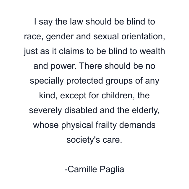 I say the law should be blind to race, gender and sexual orientation, just as it claims to be blind to wealth and power. There should be no specially protected groups of any kind, except for children, the severely disabled and the elderly, whose physical frailty demands society's care.