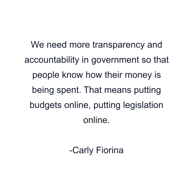 We need more transparency and accountability in government so that people know how their money is being spent. That means putting budgets online, putting legislation online.