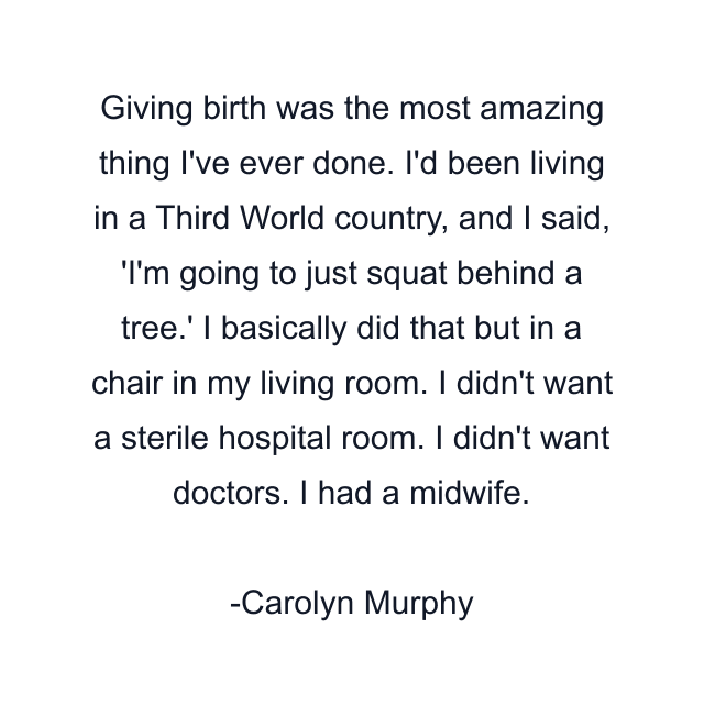 Giving birth was the most amazing thing I've ever done. I'd been living in a Third World country, and I said, 'I'm going to just squat behind a tree.' I basically did that but in a chair in my living room. I didn't want a sterile hospital room. I didn't want doctors. I had a midwife.