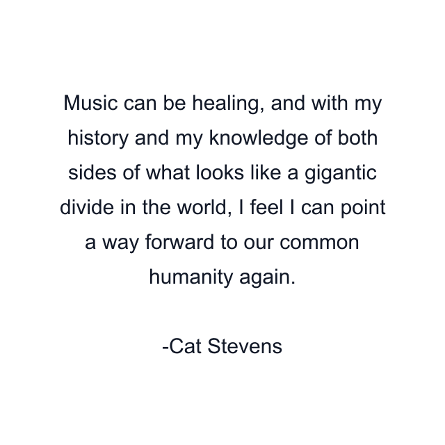 Music can be healing, and with my history and my knowledge of both sides of what looks like a gigantic divide in the world, I feel I can point a way forward to our common humanity again.