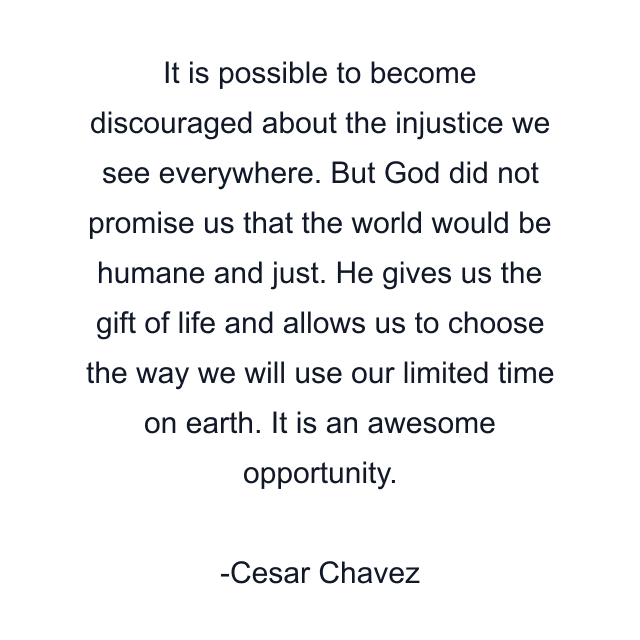 It is possible to become discouraged about the injustice we see everywhere. But God did not promise us that the world would be humane and just. He gives us the gift of life and allows us to choose the way we will use our limited time on earth. It is an awesome opportunity.