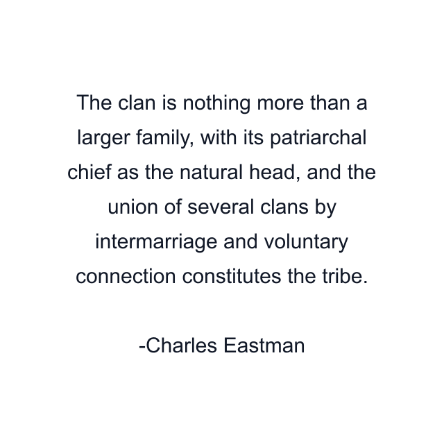 The clan is nothing more than a larger family, with its patriarchal chief as the natural head, and the union of several clans by intermarriage and voluntary connection constitutes the tribe.