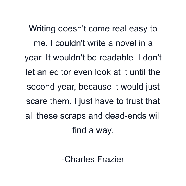 Writing doesn't come real easy to me. I couldn't write a novel in a year. It wouldn't be readable. I don't let an editor even look at it until the second year, because it would just scare them. I just have to trust that all these scraps and dead-ends will find a way.