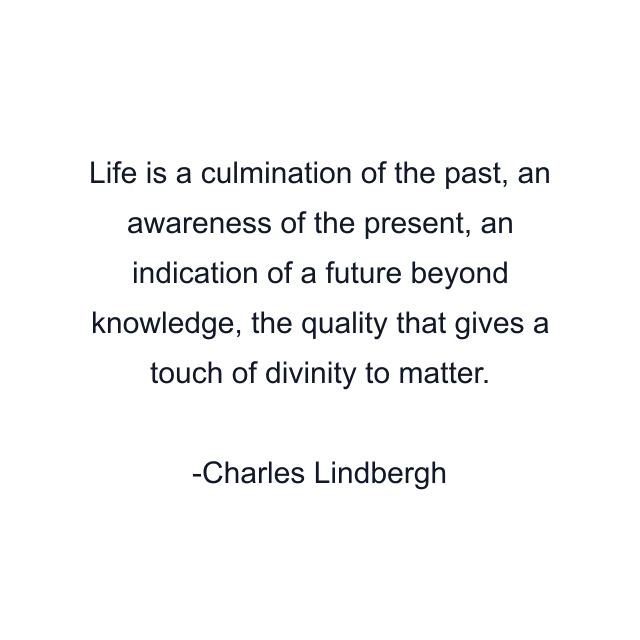 Life is a culmination of the past, an awareness of the present, an indication of a future beyond knowledge, the quality that gives a touch of divinity to matter.