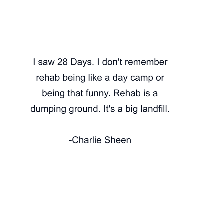 I saw 28 Days. I don't remember rehab being like a day camp or being that funny. Rehab is a dumping ground. It's a big landfill.