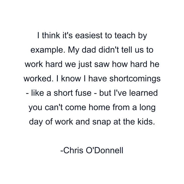 I think it's easiest to teach by example. My dad didn't tell us to work hard we just saw how hard he worked. I know I have shortcomings - like a short fuse - but I've learned you can't come home from a long day of work and snap at the kids.