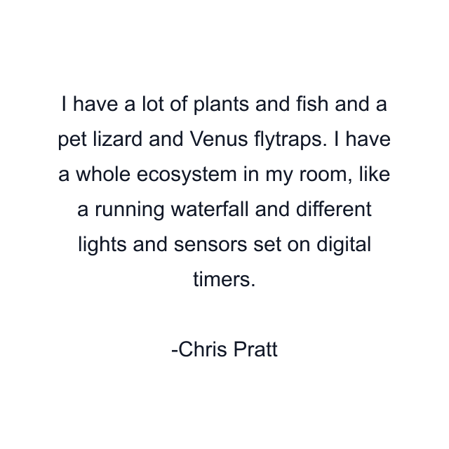 I have a lot of plants and fish and a pet lizard and Venus flytraps. I have a whole ecosystem in my room, like a running waterfall and different lights and sensors set on digital timers.