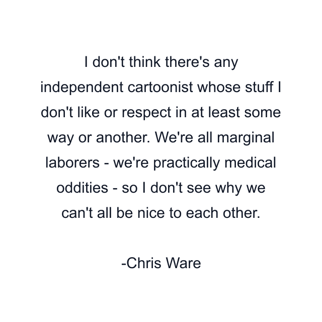 I don't think there's any independent cartoonist whose stuff I don't like or respect in at least some way or another. We're all marginal laborers - we're practically medical oddities - so I don't see why we can't all be nice to each other.