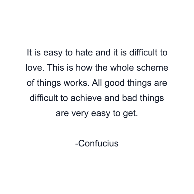 It is easy to hate and it is difficult to love. This is how the whole scheme of things works. All good things are difficult to achieve and bad things are very easy to get.