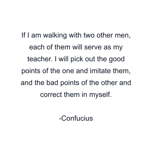 If I am walking with two other men, each of them will serve as my teacher. I will pick out the good points of the one and imitate them, and the bad points of the other and correct them in myself.