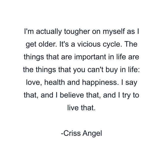 I'm actually tougher on myself as I get older. It's a vicious cycle. The things that are important in life are the things that you can't buy in life: love, health and happiness. I say that, and I believe that, and I try to live that.