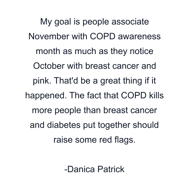 My goal is people associate November with COPD awareness month as much as they notice October with breast cancer and pink. That'd be a great thing if it happened. The fact that COPD kills more people than breast cancer and diabetes put together should raise some red flags.