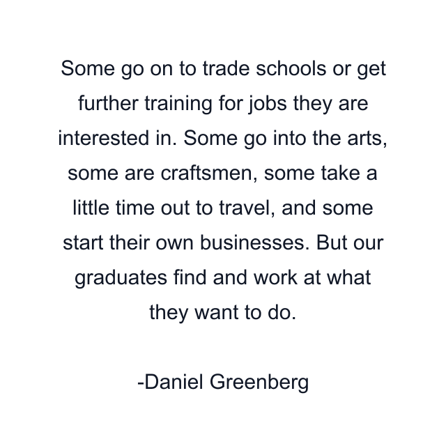 Some go on to trade schools or get further training for jobs they are interested in. Some go into the arts, some are craftsmen, some take a little time out to travel, and some start their own businesses. But our graduates find and work at what they want to do.