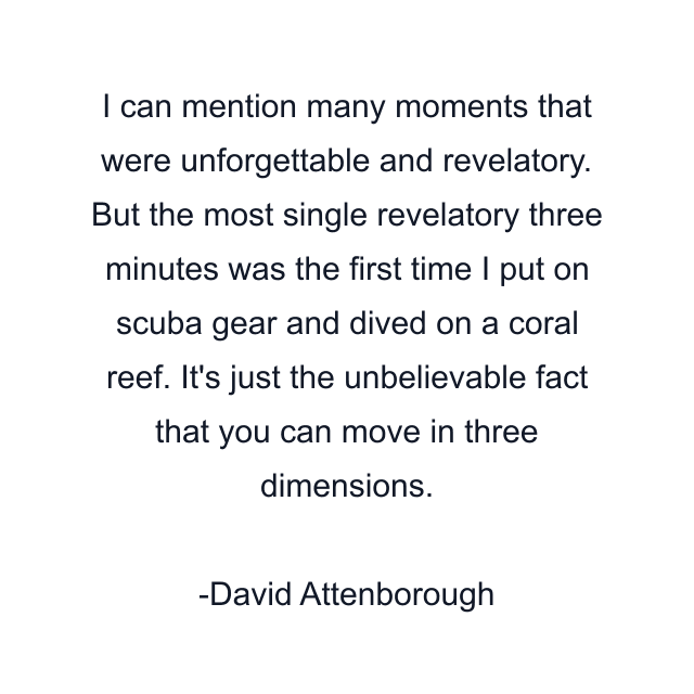 I can mention many moments that were unforgettable and revelatory. But the most single revelatory three minutes was the first time I put on scuba gear and dived on a coral reef. It's just the unbelievable fact that you can move in three dimensions.