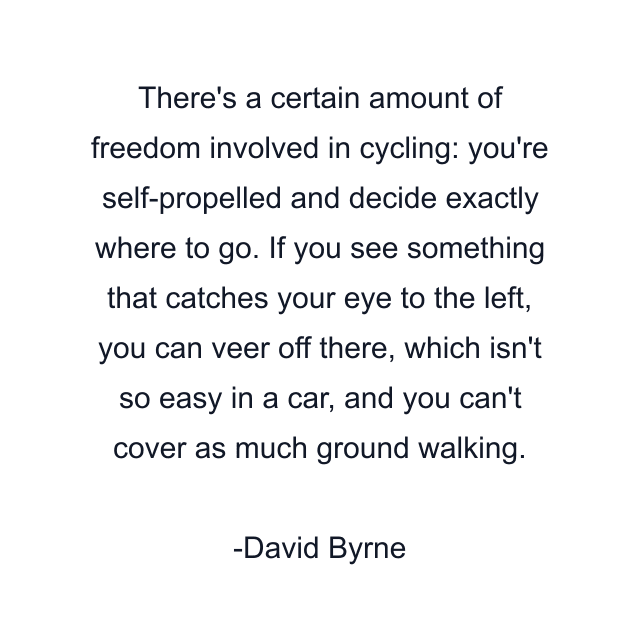 There's a certain amount of freedom involved in cycling: you're self-propelled and decide exactly where to go. If you see something that catches your eye to the left, you can veer off there, which isn't so easy in a car, and you can't cover as much ground walking.