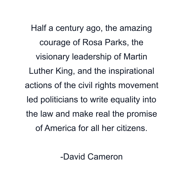 Half a century ago, the amazing courage of Rosa Parks, the visionary leadership of Martin Luther King, and the inspirational actions of the civil rights movement led politicians to write equality into the law and make real the promise of America for all her citizens.