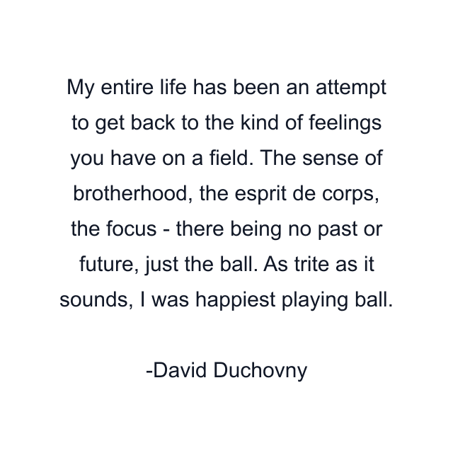 My entire life has been an attempt to get back to the kind of feelings you have on a field. The sense of brotherhood, the esprit de corps, the focus - there being no past or future, just the ball. As trite as it sounds, I was happiest playing ball.