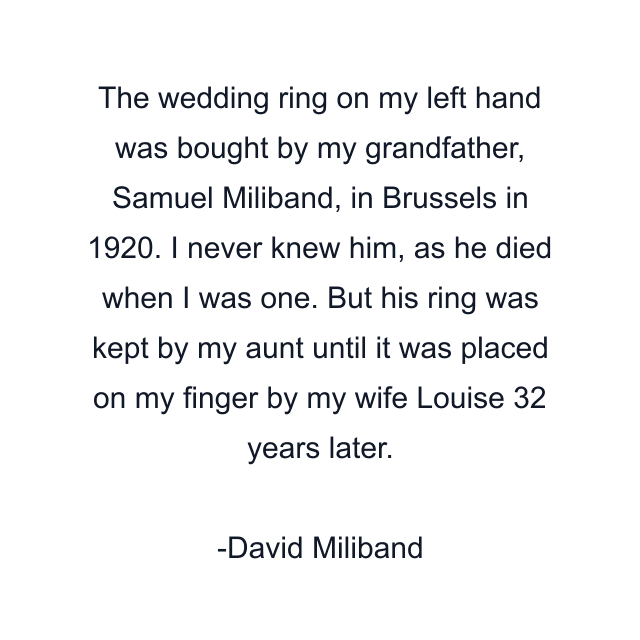 The wedding ring on my left hand was bought by my grandfather, Samuel Miliband, in Brussels in 1920. I never knew him, as he died when I was one. But his ring was kept by my aunt until it was placed on my finger by my wife Louise 32 years later.